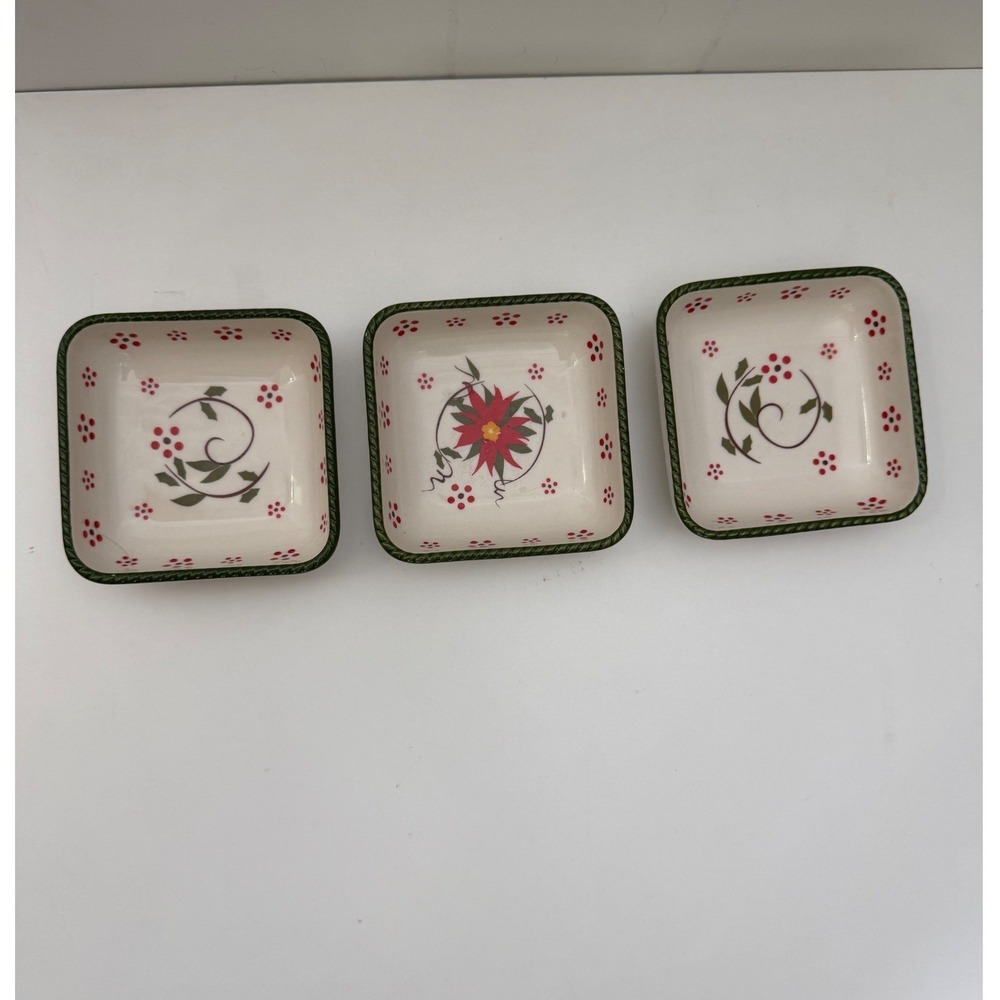 Temptations Old World Christmas Poinsettia Square Ramekin Dipping Bowl set of 3